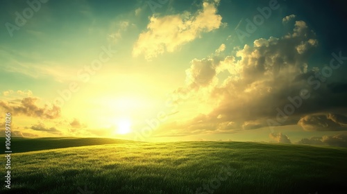 Sunrise Over Lush Green Field Under Cloudy Sky