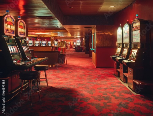 Professional advertising photo of an empty casino hall, vibrant colors and intense lighting photo