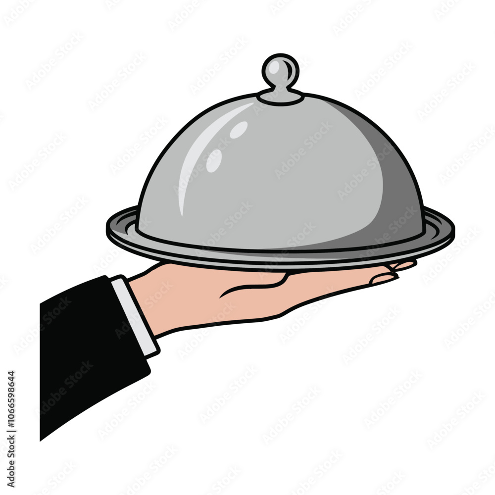 Fototapeta premium Hand Serving a Silver Cloche on a Tray Illustration