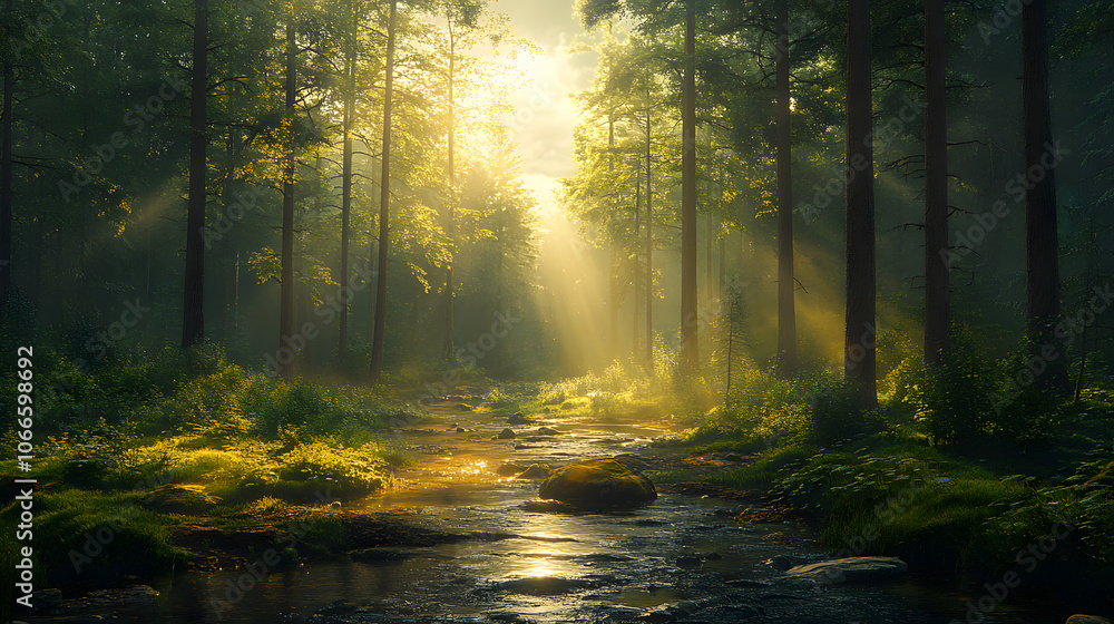 Fototapeta premium A breathtaking photography of a lush forest scene, showcasing diverse wildlife among towering trees, with sunlight filtering through the canopy, emphasizing the beauty and importance of nature.