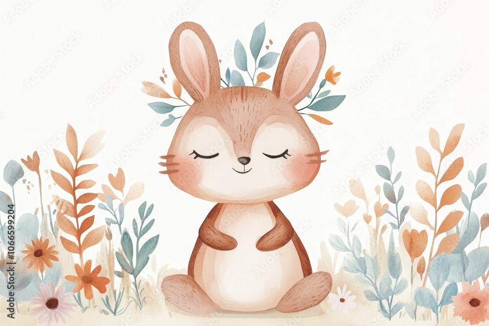 Cute Watercolor Bunny Among Flowers in Soft Pastels. Watercolor Nursery Art. Cute Watercolor Bunny Among Flowers in Soft Pastels. Watercolor Nursery Art.