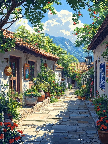 Vibrant Cultural Street Scene in a Charming Village photo