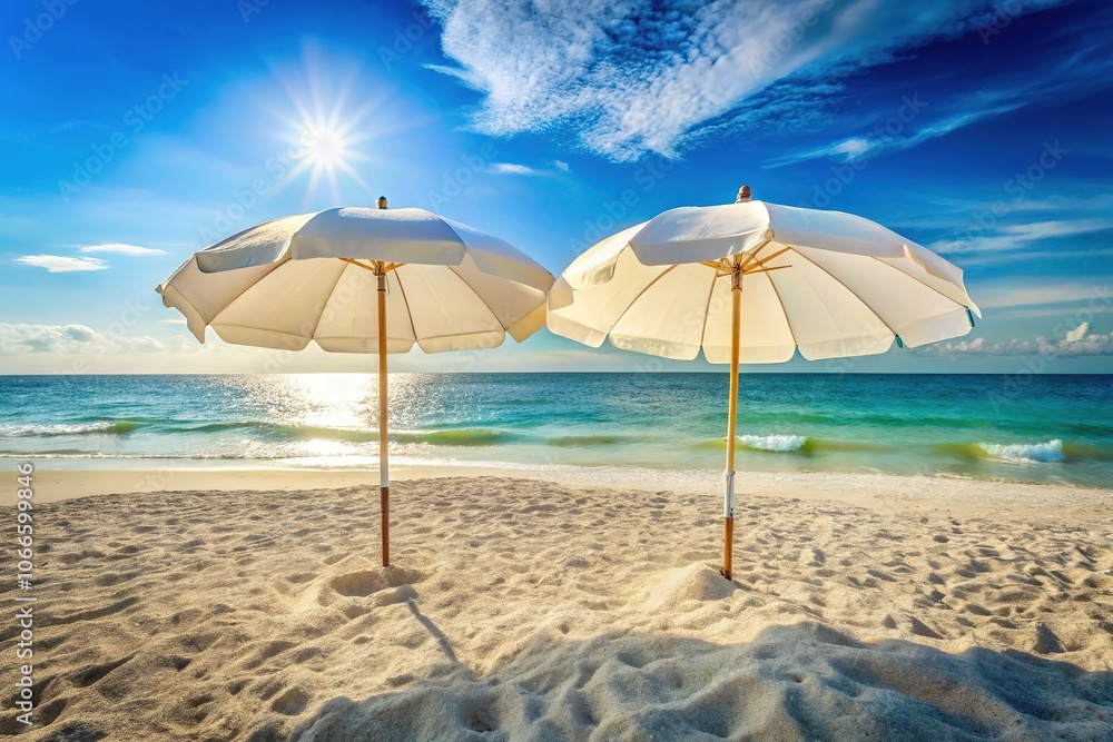 Beach Umbrellas, Coastal Documentary, White Parasols, Sun, Seashore, Photography Beach Umbrellas, Coastal Documentary, White Parasols, Sun, Seashore, Photography