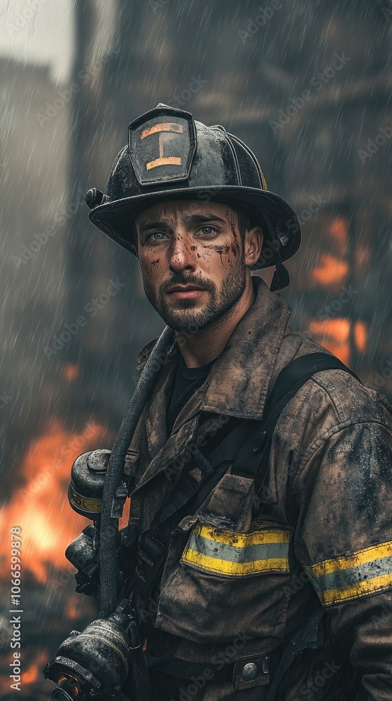 Model looking firefighter male portrait in full gear, standing in front of a smoldering building Model looking firefighter male portrait in full gear, standing in front of a smoldering building