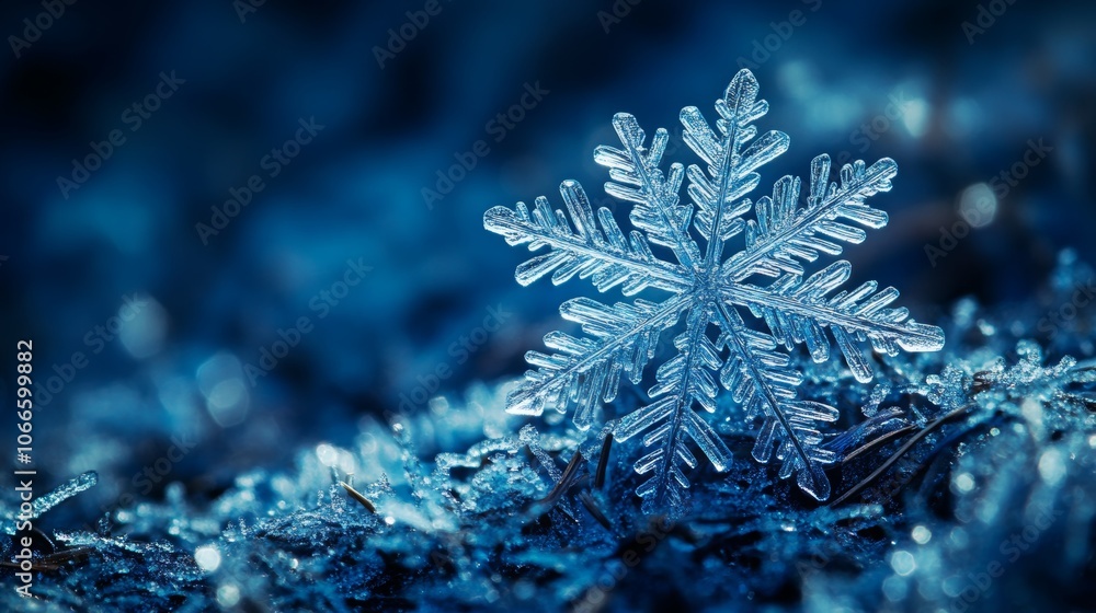Stunning Macro Photo of a Single Perfect Snowflake on Winter Ground Stunning Macro Photo of a Single Perfect Snowflake on Winter Ground