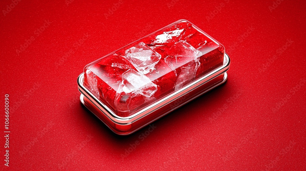 Ice Cubes in Red Liquid with Silver Frame. Ice Cubes in Red Liquid with Silver Frame.