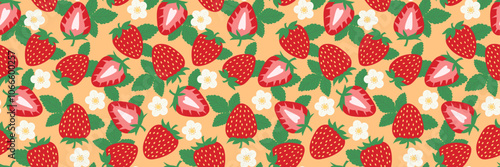 Cute strawberry vector pattern banner, seamless repeating horizontal cover background, summer fruit vintage cartoon wallpaper illustration