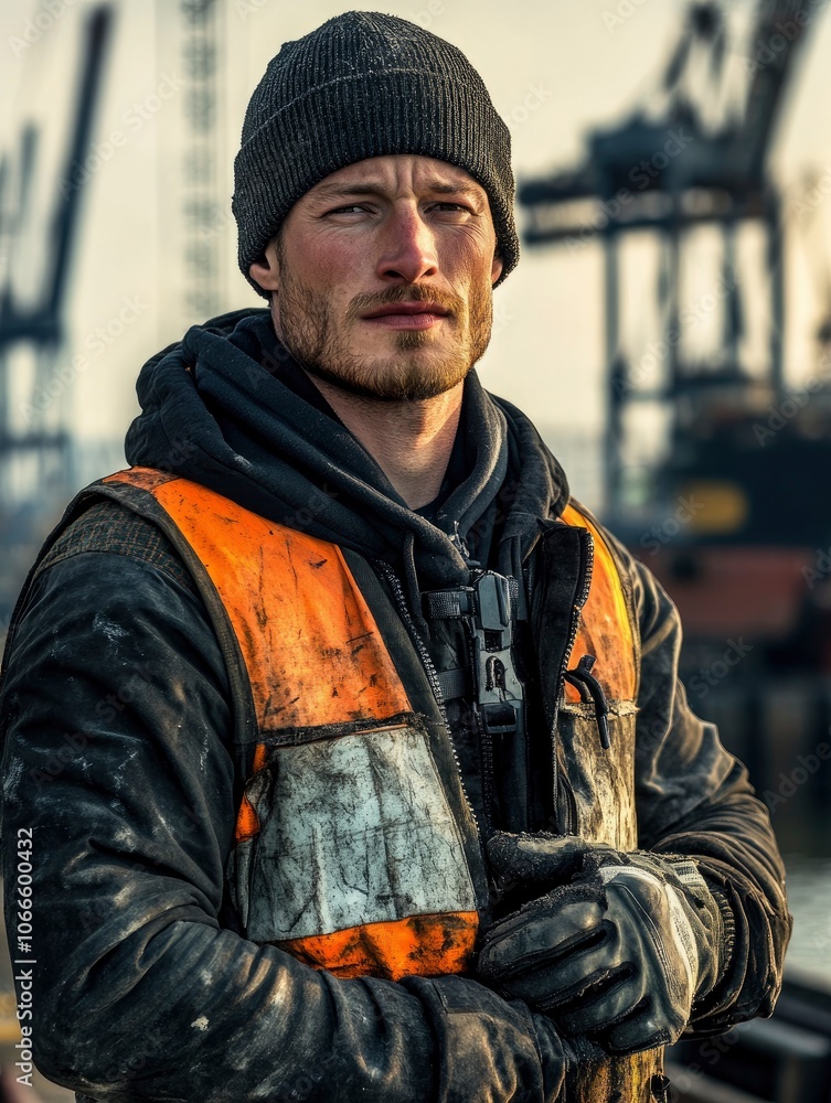 Fototapeta premium Model looking dockworker male portrait lifting heavy cargo in a busy port