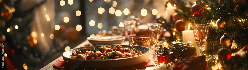 Festive Christmas Dinner Table with Decorated Christmas Tree Festive Christmas Dinner Table with Decorated Christmas Tree