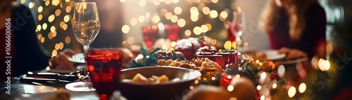 Festive Christmas Dinner Table with Wine Glass and Festive Decorations