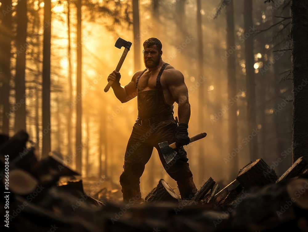 Obraz premium Lumberjack portrait in a dense forest, holding an axe with one hand, wearing protective gear