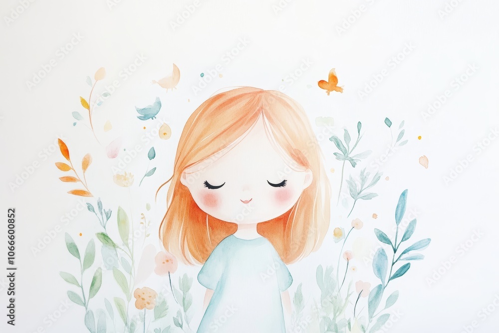 Whimsical Portrait of a Girl in a Floral Dreamscape. Watercolor Nursery Art. Whimsical Portrait of a Girl in a Floral Dreamscape. Watercolor Nursery Art.