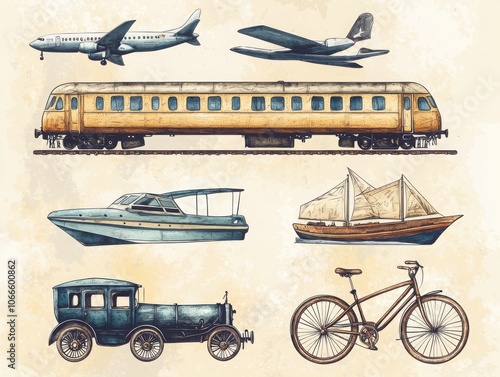 Exploring the icons of transportation bicycle car train airplane boat in art and culture photo