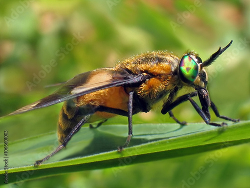 фотографія Beautiful close-up of a horsefly on a green leaf, in the French countryside