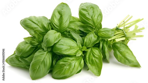 small bunch of fresh Thai basil leaves on light background, showcasing their vibrant green color and aromatic appeal. Perfect for culinary use and adding flavor to dishes. 