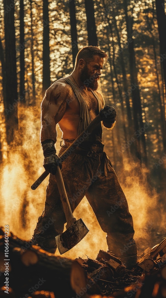 Naklejka premium Lumberjack in a dense forest, holding an axe with one hand, wearing protective gear