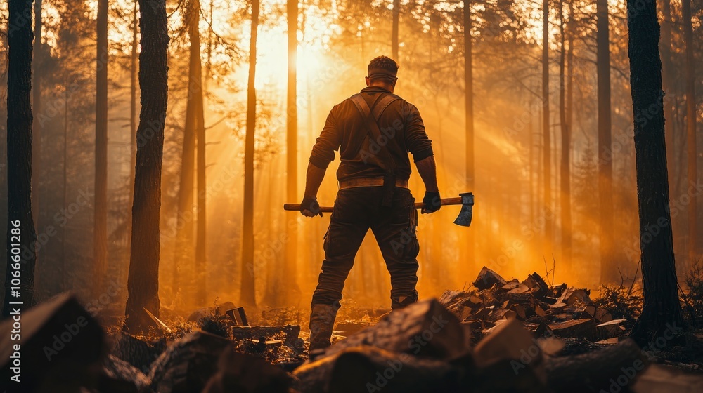 Lumberjack in a dense forest, holding an axe with one hand, wearing protective gear Lumberjack in a dense forest, holding an axe with one hand, wearing protective gear