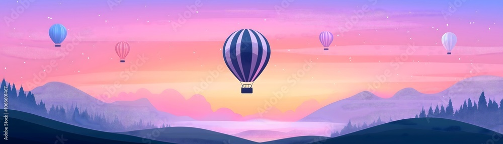 Obraz premium A serene hot air balloon ride over a picturesque landscape at sunrise, with colorful balloons dotting the sky