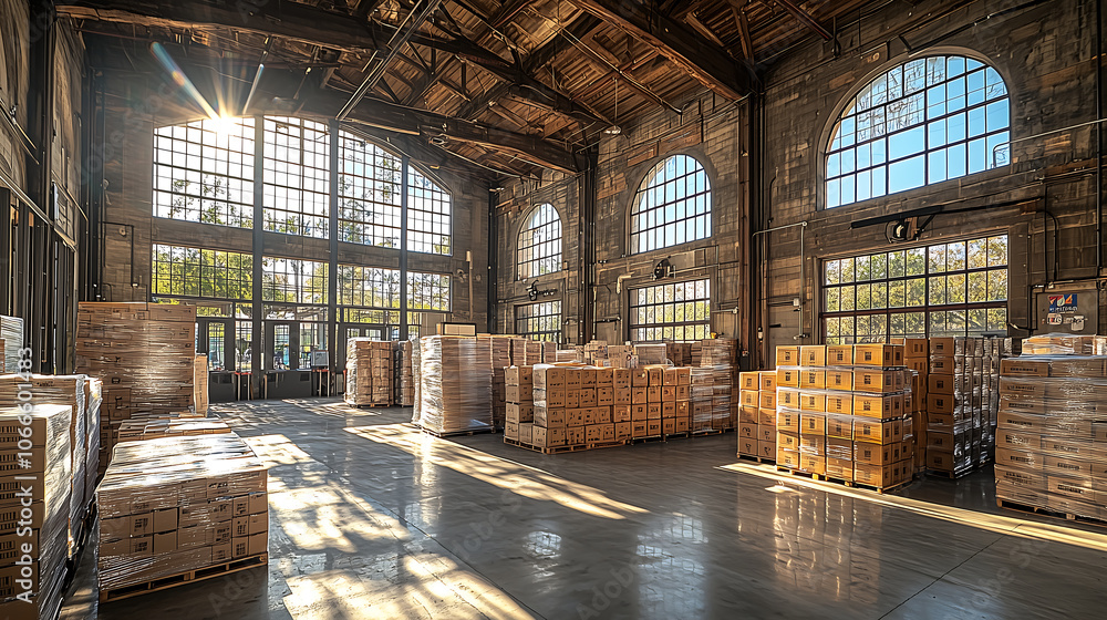 spacious warehouse filled with neatly stacked boxes, sunlight streaming through large windows, creating warm and inviting atmosphere spacious warehouse filled with neatly stacked boxes, sunlight streaming through large windows, creating warm and inviting atmosphere