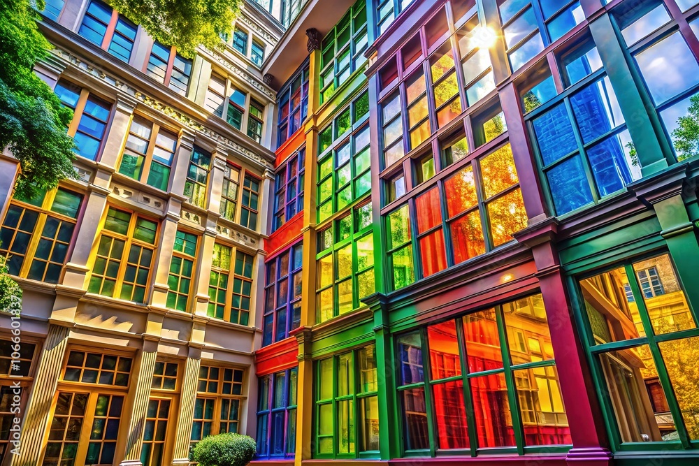 Brightly colored windows in a sunlit building reveal stunning ...