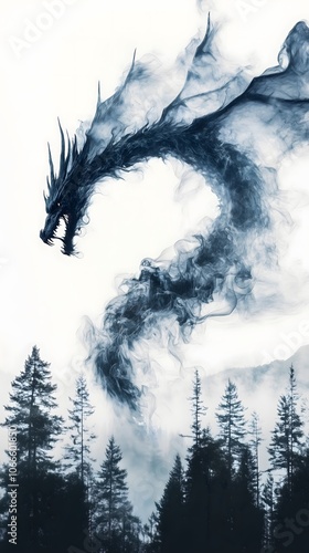 A dragon made of smoke above a forest


