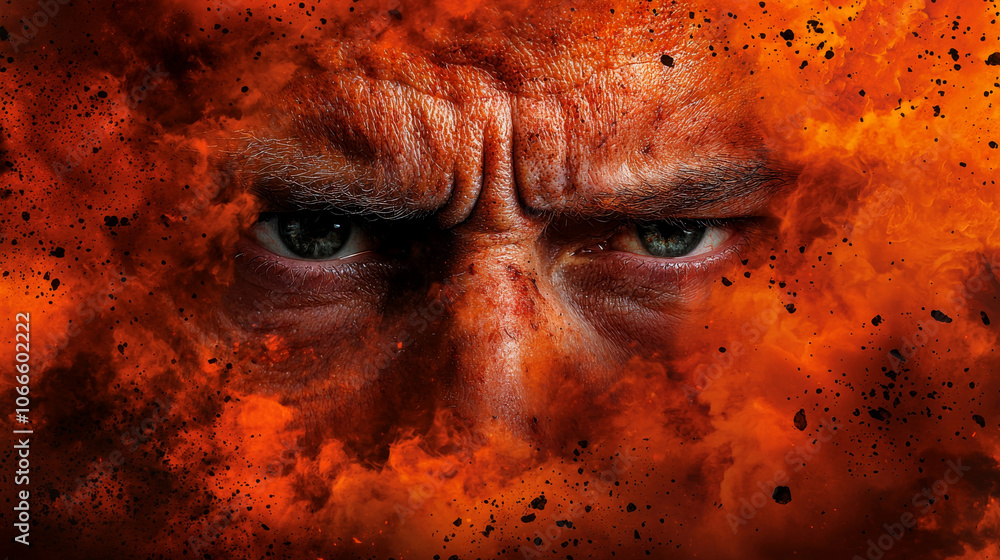 Intense close-up of a man's fierce expression, partially obscured by fiery explosions, exuding power and emotion. Intense close-up of a man's fierce expression, partially obscured by fiery explosions, exuding power and emotion.