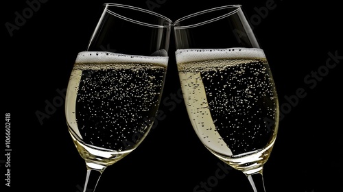 Two champagne glasses clinking together in a toast