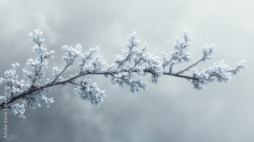 A single bare branch covered in frost against a cloudy sky. A single bare branch covered in frost against a cloudy sky.