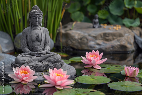 Greeting card with ancient statue great Buddha on holiday composition