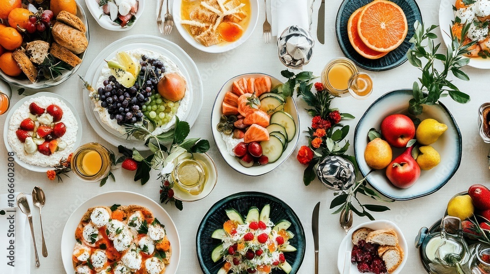 A Table Setting with an Array of Fresh Fruits, Salads, and Breads A Table Setting with an Array of Fresh Fruits, Salads, and Breads