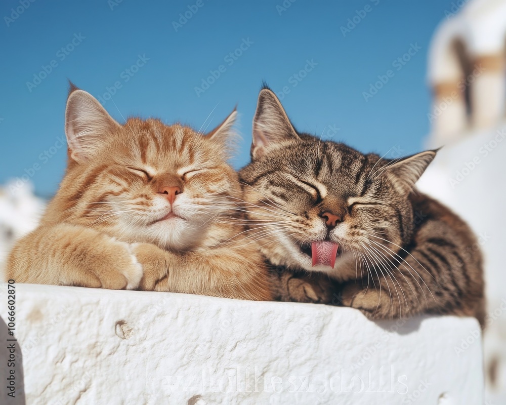 The two cats rub their heads against each other, Greece, the Aegean The two cats rub their heads against each other, Greece, the Aegean