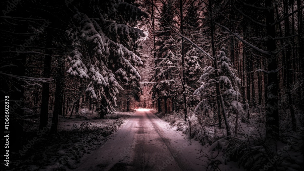 Fototapeta premium Snowy forest path illuminated by soft, warm lights.
