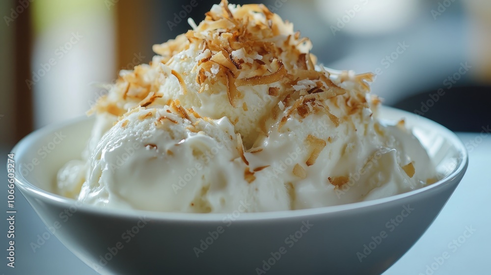 Tapioca ice cream topped with cream and toasted coconut Tapioca ice cream topped with cream and toasted coconut