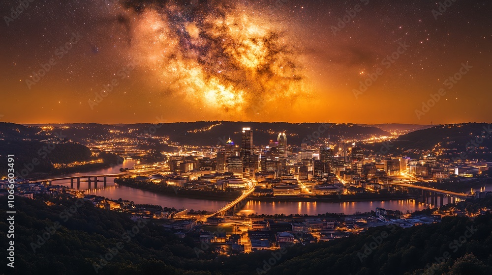 Fototapeta premium Nighttime View of a City Skyline with the Milky Way Galaxy Above