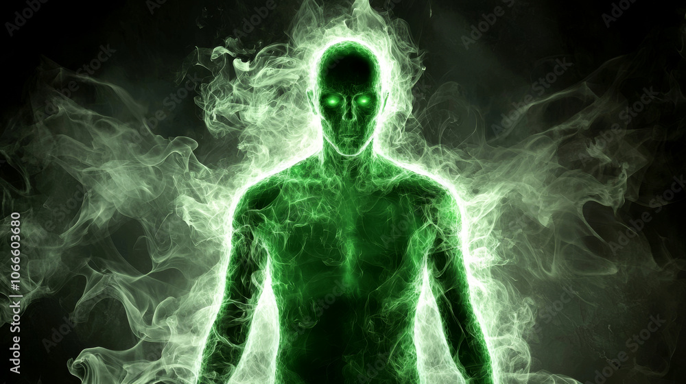 Fototapeta premium A glowing green figure surrounded by ethereal wisps, suggesting themes of energy, transformation, and mystique.