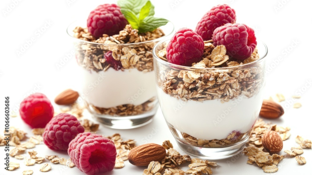 Two glasses filled with Greek yogurt granola topped with raspberries oatmeal flakes and nuts on a white background A nutritious choice for healthy eating Two glasses filled with Greek yogurt granola topped with raspberries oatmeal flakes and nuts on a white background A nutritious choice for healthy eating