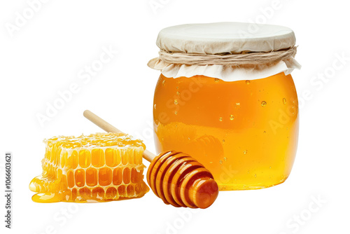 tasty and sweet honey in a jar with honeycomb and stick wooden honey dipper. transparent background