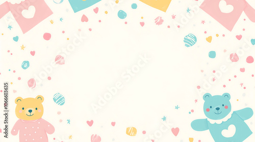 Cute background for baby clothing themes featuring playful bears, hearts, and colorful decorations. Perfect for creating cheerful atmosphere for children apparel