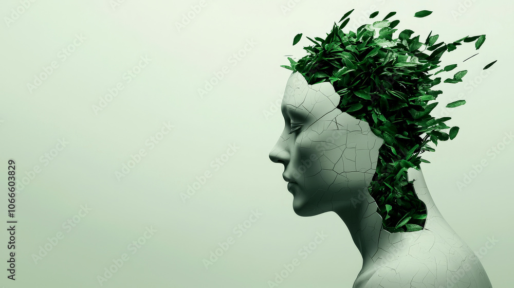 A stylized figure with a head made of leaves, symbolizing growth, nature, and transformation, set against a soft green background. A stylized figure with a head made of leaves, symbolizing growth, nature, and transformation, set against a soft green background.