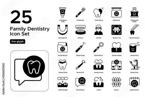 Family Dentistry Line Glyph Icon Set: Preventive Treatments, Oral Care, and Dental Health Icons