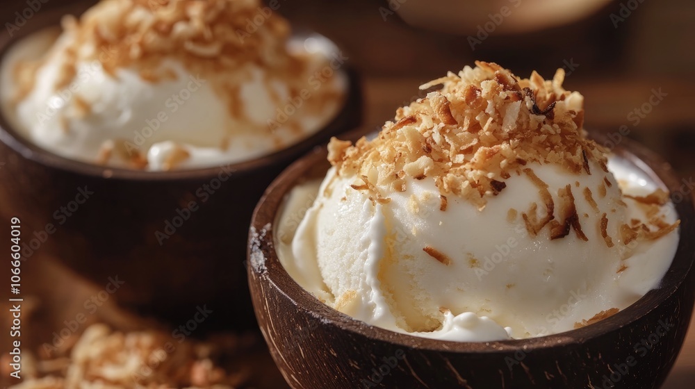 Tapioca ice cream topped with cream and toasted coconut Tapioca ice cream topped with cream and toasted coconut