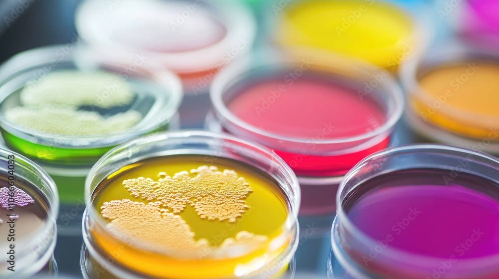 Vibrant colonies of bacteria in multiple petri dishes captured up close Vibrant colonies of bacteria in multiple petri dishes captured up close