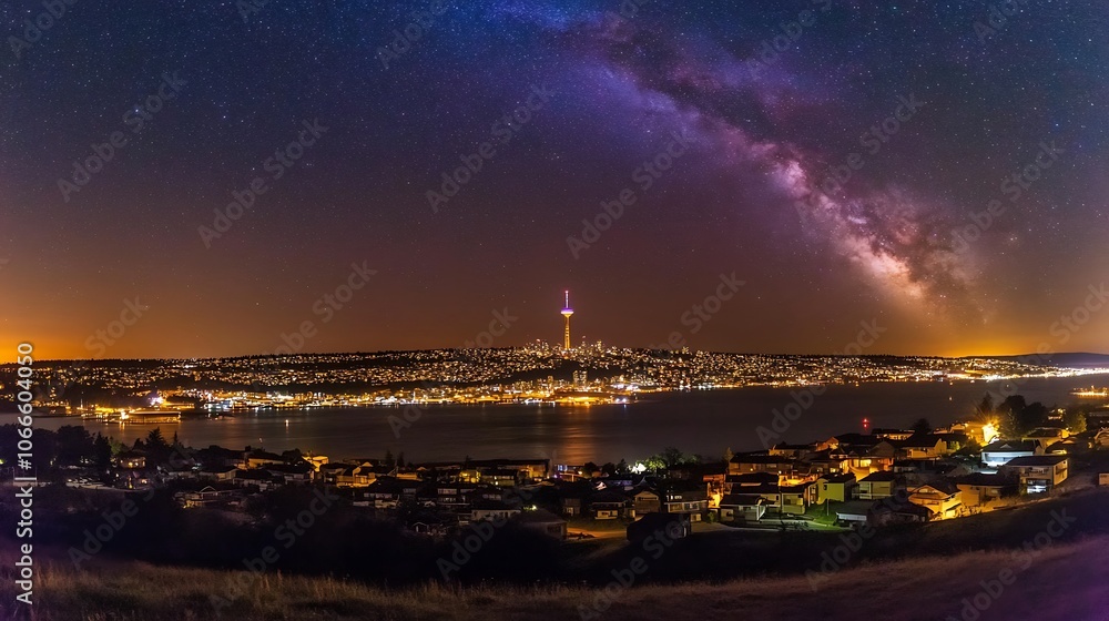 Nighttime view of a city skyline with the Milky Way overhead Nighttime view of a city skyline with the Milky Way overhead