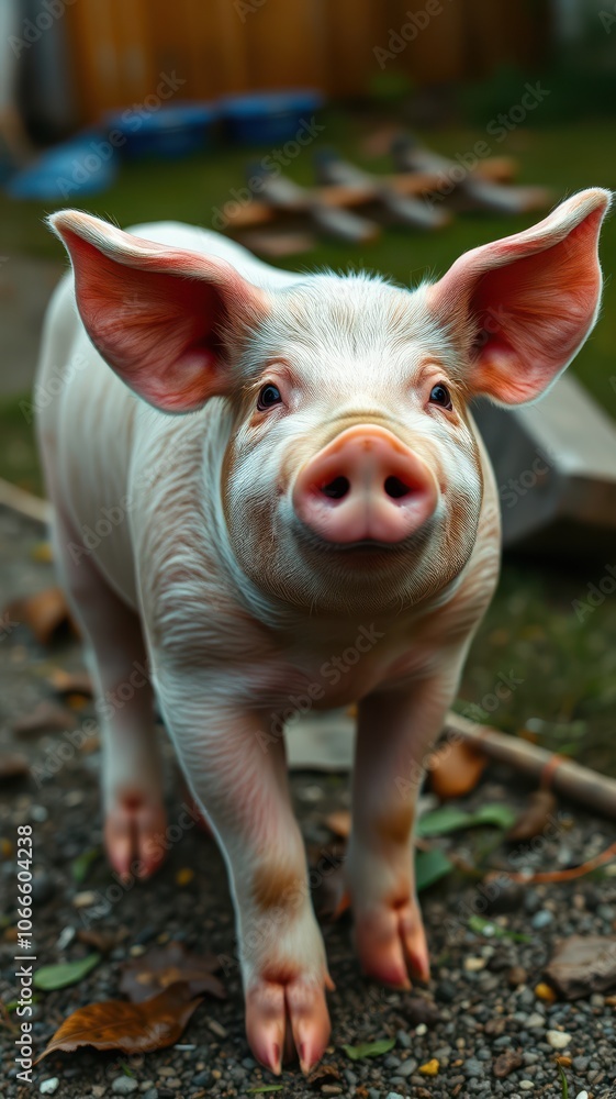 A small pink piglet stands on gravel, looking directly at the camera with a curious expression A small pink piglet stands on gravel, looking directly at the camera with a curious expression