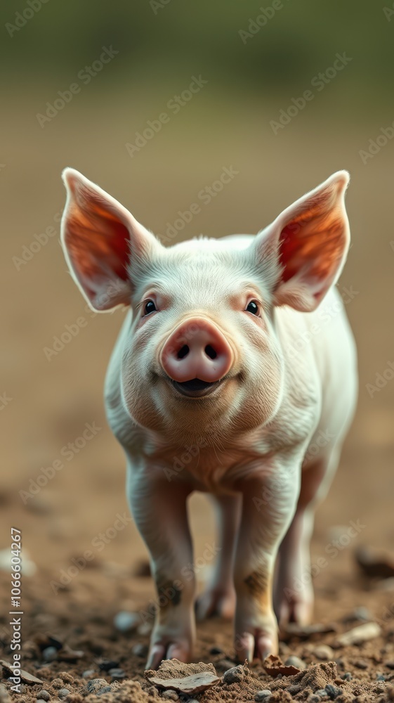 A piglet with pink ears stands on the dirt and looks directly at the camera with a cheerful expression A piglet with pink ears stands on the dirt and looks directly at the camera with a cheerful expression