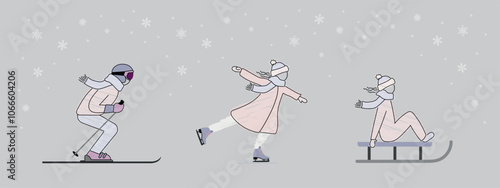 winter sport, set of three girl characters skiing, ice skating, sledding, pencil drawn style sketch, vector illustration