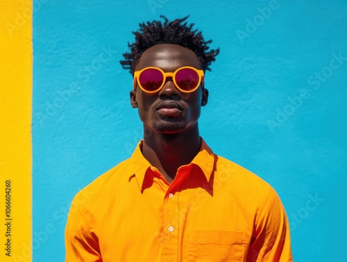 A man wearing a yellow shirt and sunglasses is standing in front of a blue wall