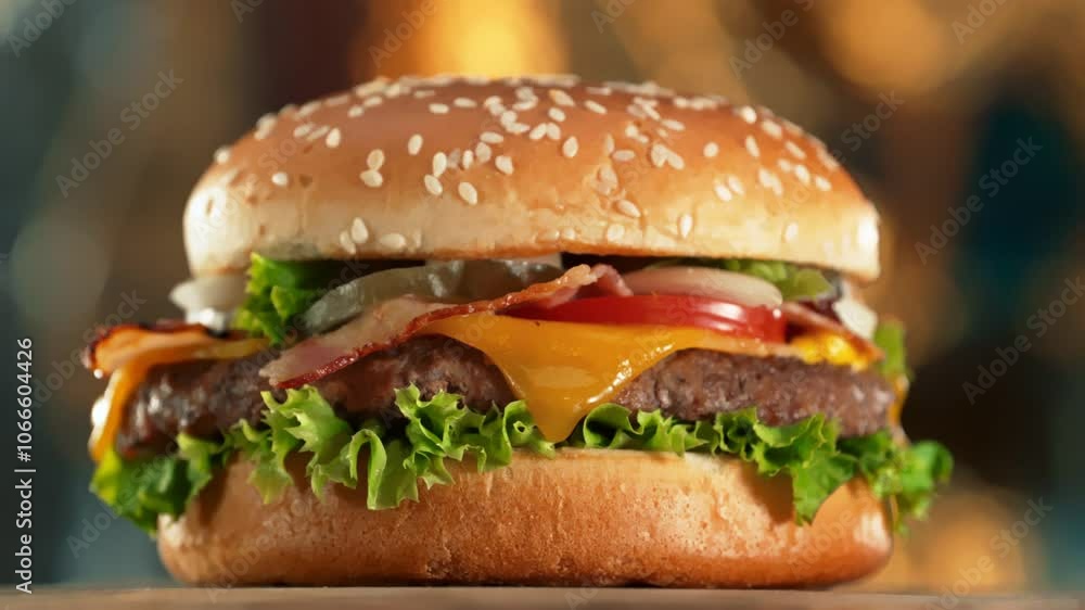 Spinning Premium Hamburger on Luxury Background, Loopable Rotation. Spinning Premium Hamburger on Luxury Background, Loopable Rotation.