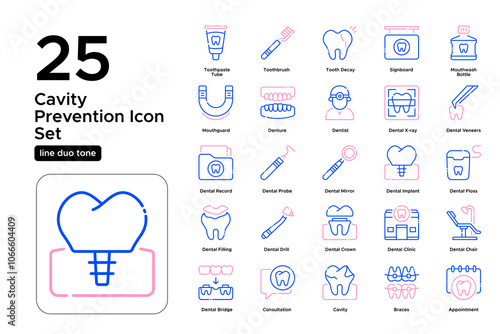 Cavity Prevention Line Duo Tone Icon Set: Plaque Removal, Dental Cleanings, and Oral Care Icons

