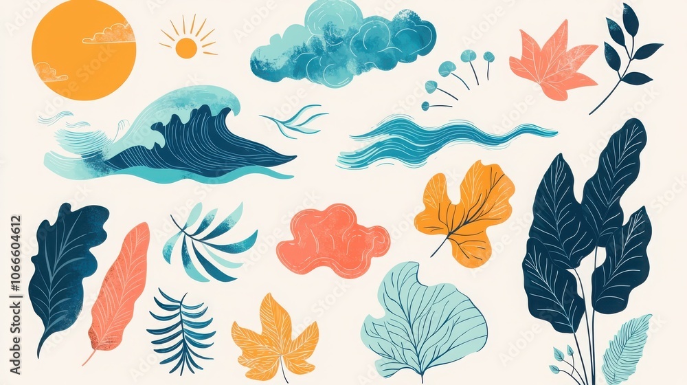 natural elements featuring waves clouds sun rays and leaves for creative designs natural elements featuring waves clouds sun rays and leaves for creative designs